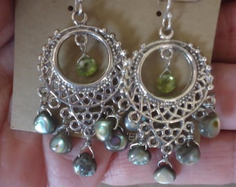 Peyote Bird Designs Sterling Chandelier Earrings w/ Abalone and Peridot Briolette Drops