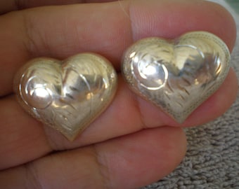 Sterling Silver Heart Earrings, Stamped Design Pierced Post