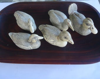 Five Vintage Mini Carved Ducks, Made in Canada, on Wood Tray, Signed CS