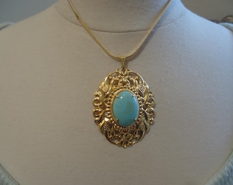 Vintage Gold Tone Filigree and Faux Turquoise Pendant on 16" Chain