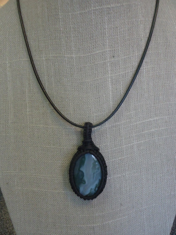 Unisex Agate Pendant Wrapped in Black Cotton Cord 