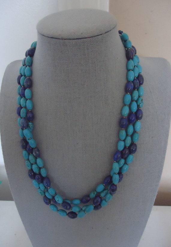 3-Strand Turquoise and Lapis Sterling Silver Neckl