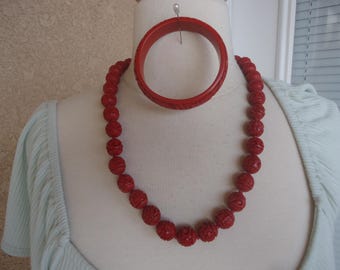 Carved Cinnabar Knotted Necklace and Bangle Set