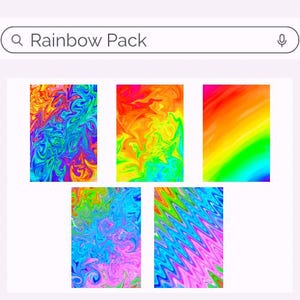 May include: The image displays a search bar with the text "Rainbow Pack." Below, five rectangular images showcase vibrant, swirling patterns in various rainbow color combinations. The designs feature a mix of blues, greens, yellows, oranges, and pinks.