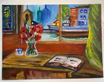Original Oil Painting – Amsterdam Window Scene with Red Flowers and Book – 25x20cm Canvas