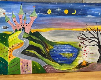 Regulus Star – Fantasy Castle Oil Painting” – Surreal Night Sky Landscape_ Large Canvas 60x90cm