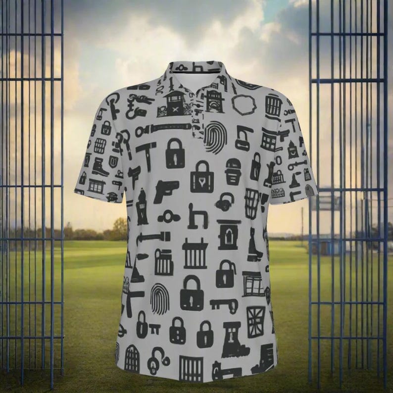 Pu&ograve; includere: Una polo a maniche corte con sfondo bianco e un motivo ripetuto di icone nere, tra cui lucchetti, chiavi, impronte digitali e pistole. La camicia ha un colletto e una chiusura con bottoni.
