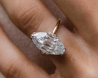 5.00ct Old Mine Moval Moissanite Solitaire | Yellow Gold Vintage Engagement Ring | Elongated Classic Bridal Ring