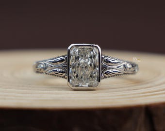 1.5ct Radiant Lab Diamond Engagement Ring , Vintage Engraved Bezel Set Ring , Art Deco Style Wedding Ring , Antique Inspired