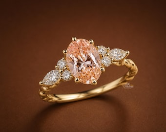 1.5ct Oval Lab Diamond Fancy Pink Engagement Ring, 14K Yellow Gold Solitaire Ring, Plain Band Wedding Ring, Hidden Halo Bridal Jewelry