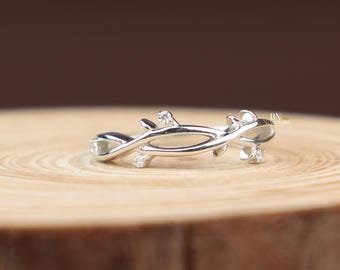 Nature Inspired Vine Engagement Ring | White Gold Twig Bridal Band | Round Brilliant Cut Lab Grown Diamond Leaf Promise Ring