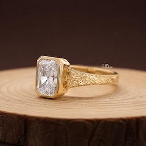1.5 carat Radiant Cut Lab Grown Diamond Engagement Ring | Vintage Bezel Set 14K Yellow Gold | Engraved Filigree Bridal Band |