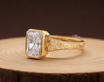 1.5 carat Radiant Cut Lab Grown Diamond Engagement Ring | Vintage Bezel Set 14K Yellow Gold | Engraved Filigree Bridal Band |