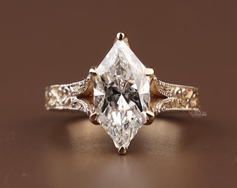 3ct Dutch Marquise Lab Grown Diamond Engagement Ring | Vintage Engraved Gold Solitaire | Geometric Marquise Wedding Ring |