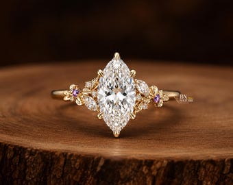 Anillo de compromiso con diamante cultivado en laboratorio de talla marquesa de 3 quilates / Anillo vintage de oro rosa de 14 quilates con diseño de enredadera / Solitario con diseño de hoja botánica inspirado en la naturaleza /