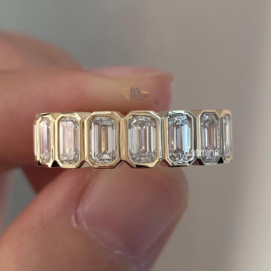 3.6ct Emerald Moissanite Eternity Band | Bezel Set Step Cut Wedding ...