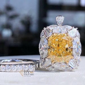 5.00 CT Convertible Statement Ring | Two in One | Yellow Moissanite Detachable Pendant | Cocktail Ring | Canary Yellow Cushion | 18K Gold