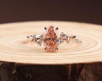 Fancy Pink Oval Lab Grown Diamond Engagement Ring, Cluster Side Stone Rose Gold Ring