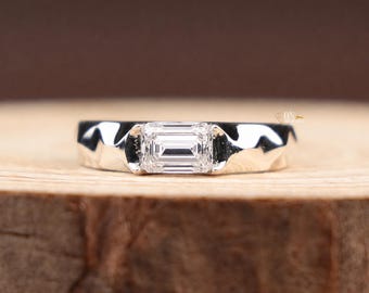 East West Emerald Cut Lab Grown Diamond Ring, Geometric Faceted Wedding Band, Modern Half Bezel Unisex