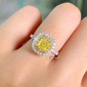 1.00 CT Yellow Lab Grown Diamond Ring | Cushion Cut Engagement Ring | Double Halo Diamond Ring | Canary Yellow Stone | Art Deco Ring