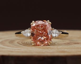 3ct Fancy Pink Cushion Lab Diamond Engagement Ring, 14K Gold Three Stone Bridal Ring, Pink Cushion Cut Anniversary Ring, Pear Side Stone