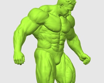 May include: A green, muscular figure in a dynamic pose, showcasing detailed anatomy. The figure is wearing a simple brief. The overall aesthetic suggests a superhero or action figure, with a focus on sculpted physique and form.