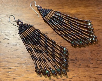 Beaded Fringe Dangle Earrings, Beaded Fringe Earrings, Beadwork Dangle Fringe Earrings, Beadwork Fringe Earrings, Beaded Dangle Earrings