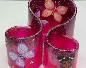 Handmade Glitter Resin Pencil Organizer, Pink Butterfly Desk Decor