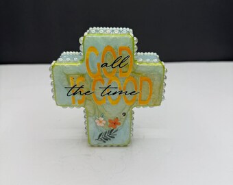 Handcrafted Cross Resin Box with Pearls, Religious Keepsake