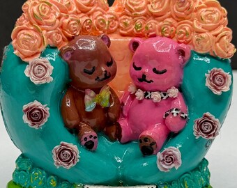 Resin Crete Bear Décor, Handmade Floral Heart Keepsake