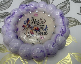 Resin Bubble Trinket Tray – “It Is Well With My Soul” – Purple Marble & Butterfly Design