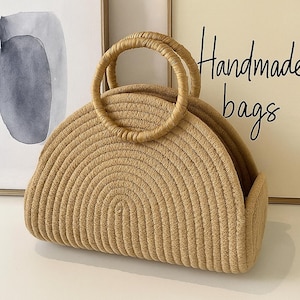 Kawaii Woven Rope Bag Retro Aesthetic Rattan Purse Cute Summer Vacation Shoulder Handbag for Girls Women Gift