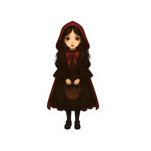 Pegatina gótica de Caperucita Roja: Chica de cuento de hadas oscuro con vestido y capa de encaje. Arte de fantasía elegante para diarios y regalos.