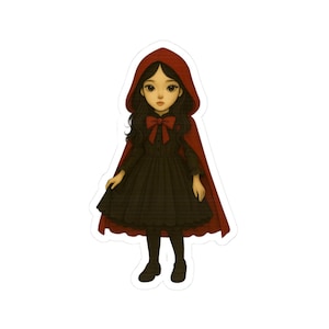 Elegante pegatina gótica de Caperucita Roja. Chica de cuento de hadas oscura con capa roja y vestido de encaje. Perfecta para diarios y regalos de fantasía.