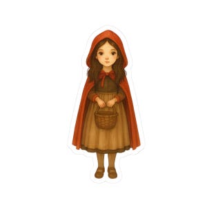 Pegatina gótica de Caperucita Roja: misteriosa chica de cuento de hadas con capa roja, estilo acuarela oscuro para diarios y regalos.