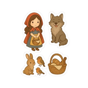 Little Red Riding Hood Sticker Set Cute Wolf, Bunny, Birds & Basket Fairy Tale Characters for Laptops, Journals Scrapbooks
