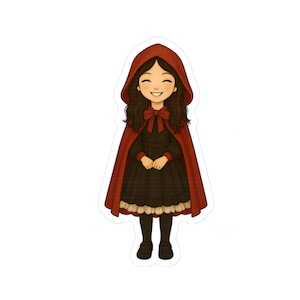 Smiling Red Riding Hood Sticker Cheerful Fairytale Girl in Black Dress and Red Cloak Cute Fantasy Art for Gifts and Journals