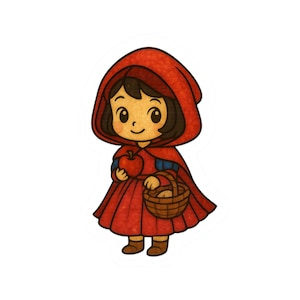 Pegatina de conejita de cuento de hadas de Caperucita Roja sosteniendo una manzana