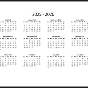 2025 - 2026 July to June School Year Calendar One Pager Minimalist Printable PDF Letter Size 11x8.5 Landscape