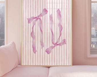 Watercolor Pink Ribbon Bow Print – Coquette Room Decor (Digital Download)
