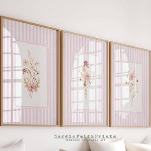 Set of 3 vintage watercolor floral prints with elegant pink striped background, perfect for timeless home and nursery decor. NFP86