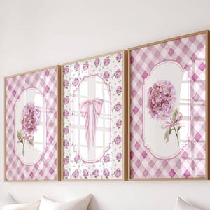 Rosa Hortensie Kinderzimmer Wand Kunst Set 3 Teilig Gingham Schleife Küsten Enkelin