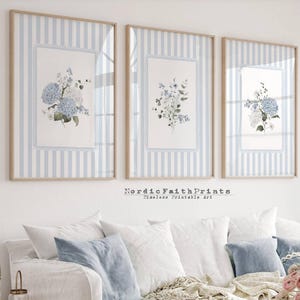 Set van 3 blauwe botanische kunst aan de muur | Vintage bloemen gestreept decor voor kust- of Franse landelijke stijl NFP76