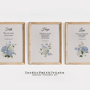 Set of 3 printable Bible verse wall art – “Faith, Hope, Love” Christian decor with blue watercolor florals for home or gift use NFP20