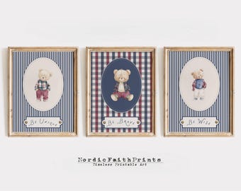 Vintage Teddy Bear Nursery Prints – Set of 3, Baby Boy Room (Digital Download)