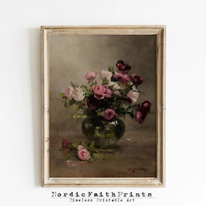 Vintage Pink Rose Oil Painting Style Print: French Cottage Decor (Digital Download)