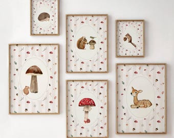 Conjunto de 6 gravuras para quarto de bebê com tema floresta: Animais da floresta em aquarela (Download digital)
