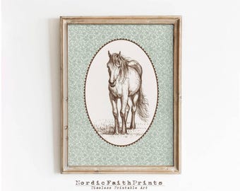 Vintage Horse Print: Rustic Farmhouse Illustration with Sage Green Floral (Digital Download)
