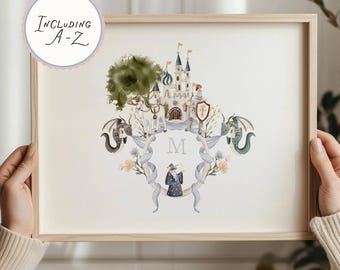 Vintage Aquarell Ritter Drachen Jungen Monogramm A-Z Alphabet Set Kinderzimmer Wandkunst Digital Download