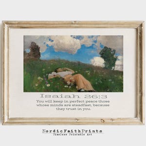 Isaiah 26:3 Bible Verse Wall Art, Vintage Oil Painting Printable, Peaceful Landscape Christian Scripture Decor, Floral Meadow Print NFP34
